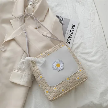 

2020 Vintage Lace Straw Handbags Rattan Bags Handmade Summer Bags Woven Beach Girls Travel Weave sunflowers shoulder bag
