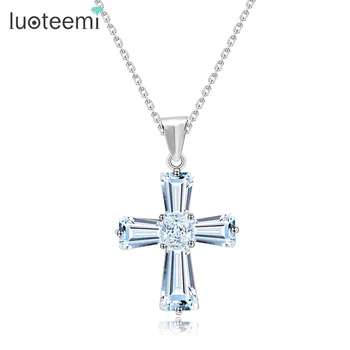 LUOTEEMI Happy New Year Gift White Gold color Delicate Clear Cubic Zirconia Cross Pendant Necklaces For Women Classic Jewelry