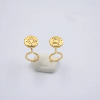 

New Arrival Real 24K Yellow Gold Earrings 3D Luck Coin Stud Earrings 0.9-1g 14x6mm / Women Earrings