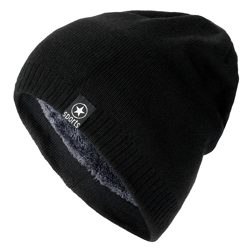 Высококачественная зимняя шапка с добавлением меха, теплая шапка бини, мешковатая вязаная шапка Skullies для мужчин и женщин, лыжная спортивная шапка - Цвет: BLACK