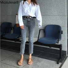 Mozuleva офисные женские прямые джинсы со средней талией для женщин Стрейчевые джинсы женские джинсовые брюки Узкие женские джинсы брюки размера плюс