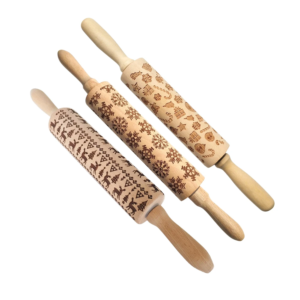 

3x Wooden Christmas Embossing Rolling Pin Baking Cookies Noodle Biscuit Fondant Cake Dough Elk Snowflake Tree Engraved Roller