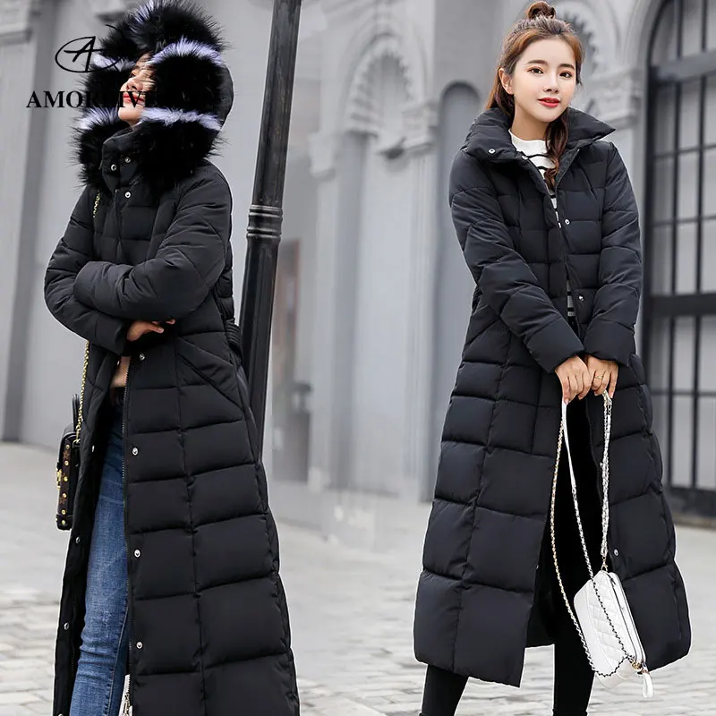 

AMORLIVE 2019 New Winter Long Coat Fashion Thick Women Winter Jackets Hooded Women Parkas Coats Plus Size 3XL