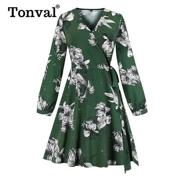 

Tonval Green Bishop Sleeve Long Sleeve Casual Self Tie Wrap Dress Spring Women V Neck Floral Print A Line Dresses