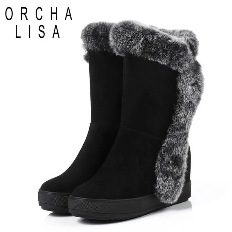 

ORCHA LISA Snow winter's Women Fur Mid-calf Boots warm Round Toe Flat with increased Flock Zipper Plush Solid size 34-40 Black