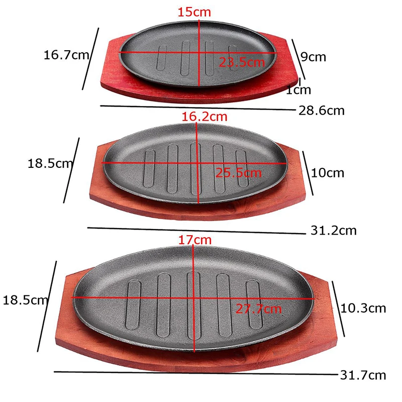

3 Sizes Cast Iron Roasting Steak Pan Non Stick Roast Enamel Fried Pot Plate Frying Pan With Wooden Base Holder Home Cookware