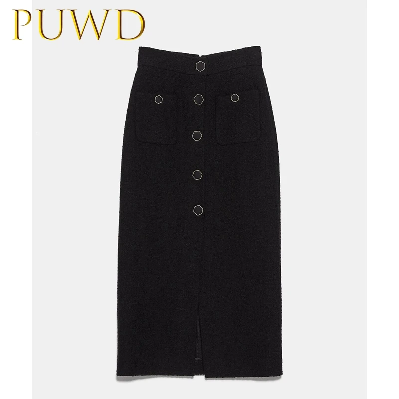 PUWD, осень, новая женская одежда, стиль, смешанный и подходящий, тонкая, на пуговицах, текстура, прямая юбка-труба