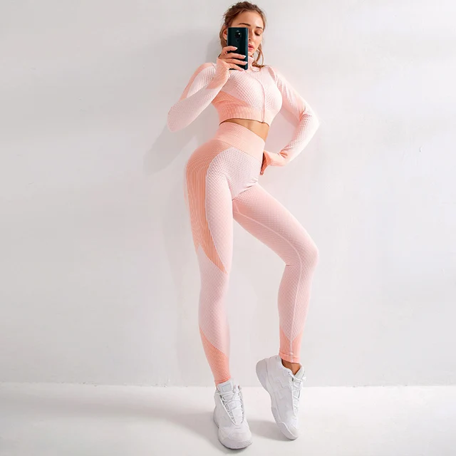Orange pink Женский бесшовный комплект для йоги, для тренировок, тренажерного зала, одежда для йоги, с длинным рукавом, на молнии, рубашки, высокая талия, леггинсы, для фитнеса, 2 шт., спортивные костюмы - Цвет: Orange pink