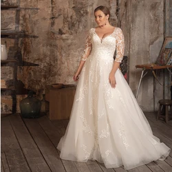 Plus Size Brida of Wedding Dresses with Puffy Tulle Three Quarter Floor-Length A-Line Applique Ivory Bridal Gowns Court Train