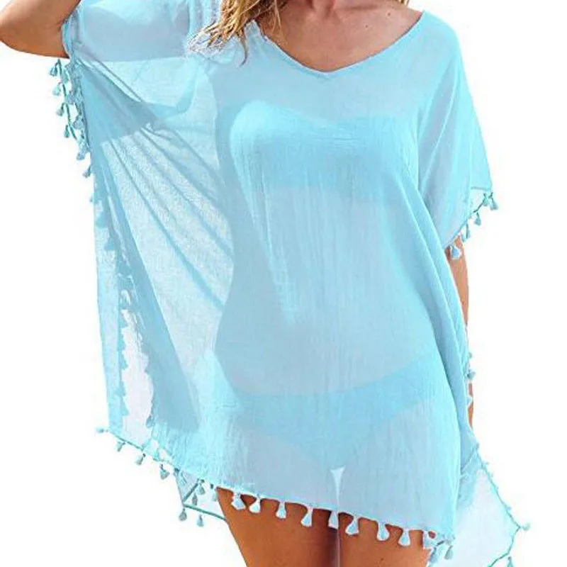 Chiffon Tassels Beach Wear Women Swimsuit Cover Up Swimwear Bathing Suits Summer Mini Dress Loose Solid Pareo Cover Ups swimsuit cover up swimsuit coverup