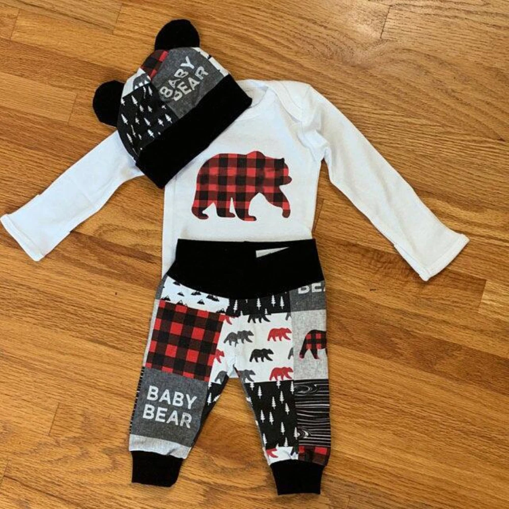Рождественская зимняя одежда из 3 предметов для новорожденных мальчиков и девочек, комбинезон, штаны, шапка, рождественские наряды для малышей