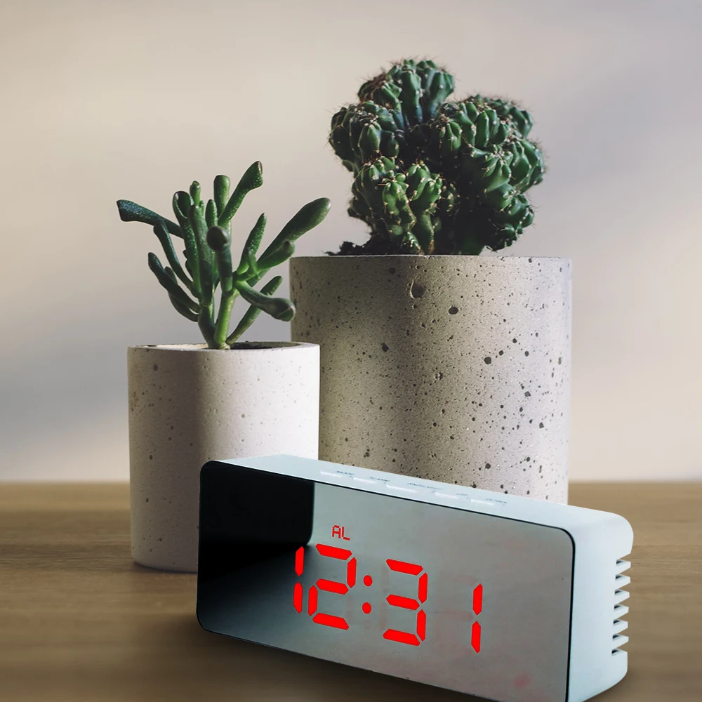  Table Clock Alarm Clock Snooze LED Digital Mirror Clock Time Temperature Large Electronic Display R