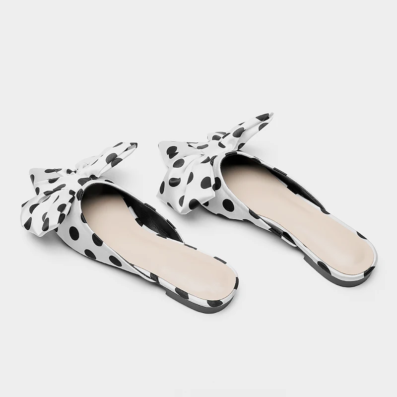 2020 Summer New Pointed Toe Baotou Half Slippers Polka Dot Bow Flat Heel Slipper
