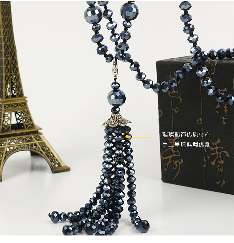 Летняя мода ручной работы узел длинные кисточки кулон кристалл ожерелье женский свитер цепи длинные Подвески