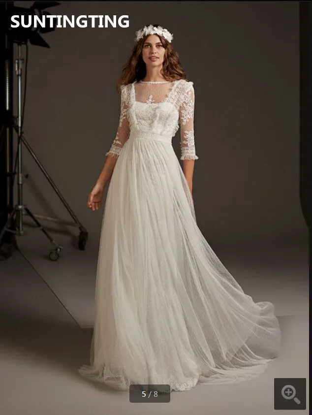 

2020 new arrival white lace summer beach a line wedding dress 3/4 sleeve modest lace appliques stylish bridal gowns hot sale