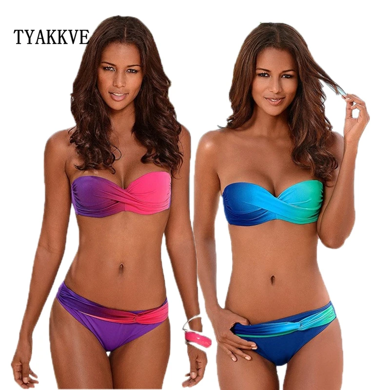 

TYAKKVE 2020 Push up Swimsuits Women Bandeau Large Size Swimwear Female Sexy Gradient Bikini set Biquini Bather Bathing Suit