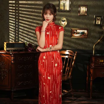 

Sripe Red Satin Vintage Cheongsam Vestidso Elegant Women Print Mandarin Collar Chinese Dress Big Size 4XL Sexy High Split Qipao