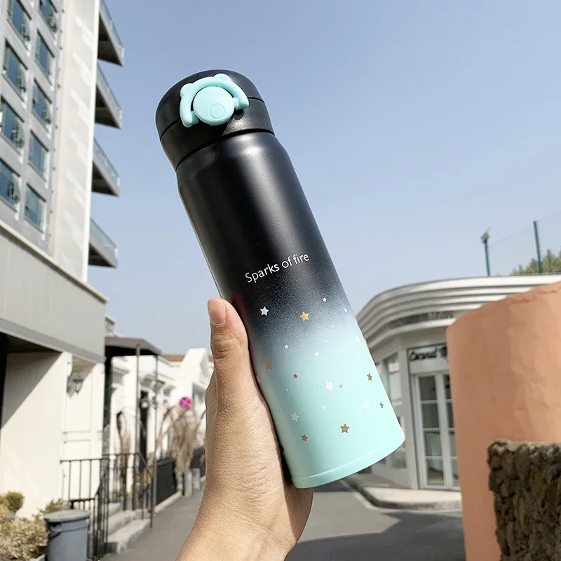 green500ml Корейский Shine Star Bounce Bullet термосы из нержавеющей стали герметичное уплотнение термосы портативный стакан для воды для мужчин женщин студентов - Цвет: green500ml