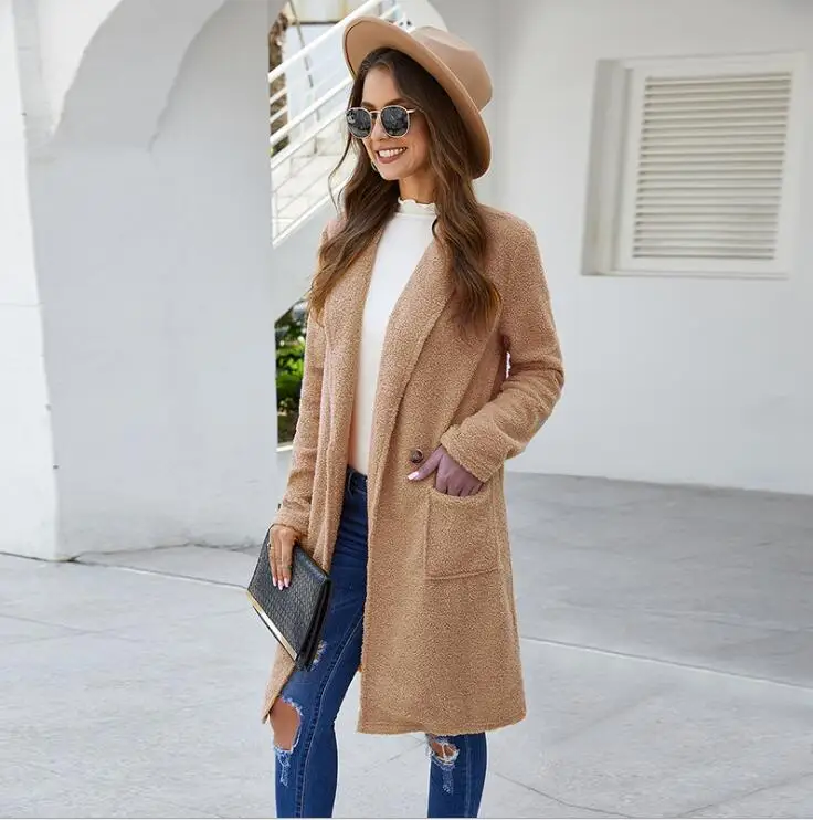 

yeloow wool coat Loose autumn winter models long-sleeved plush woolen woolen coat women's long coat elegent vintage office lady