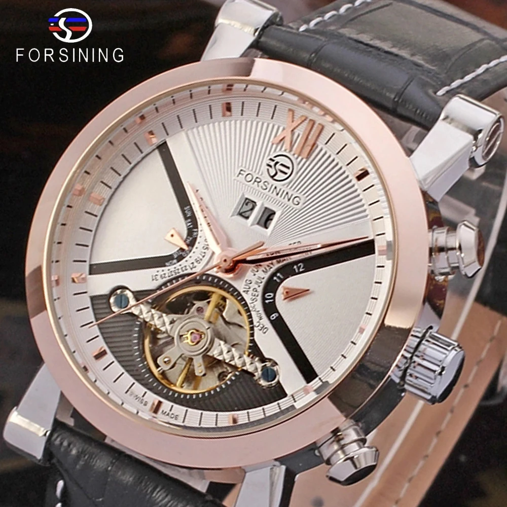 

Forsining Classic Tourbillion Design Calendar Genuine Leather Strap Mens Watches Top Brand Luxury Mechanical Automatic Watches