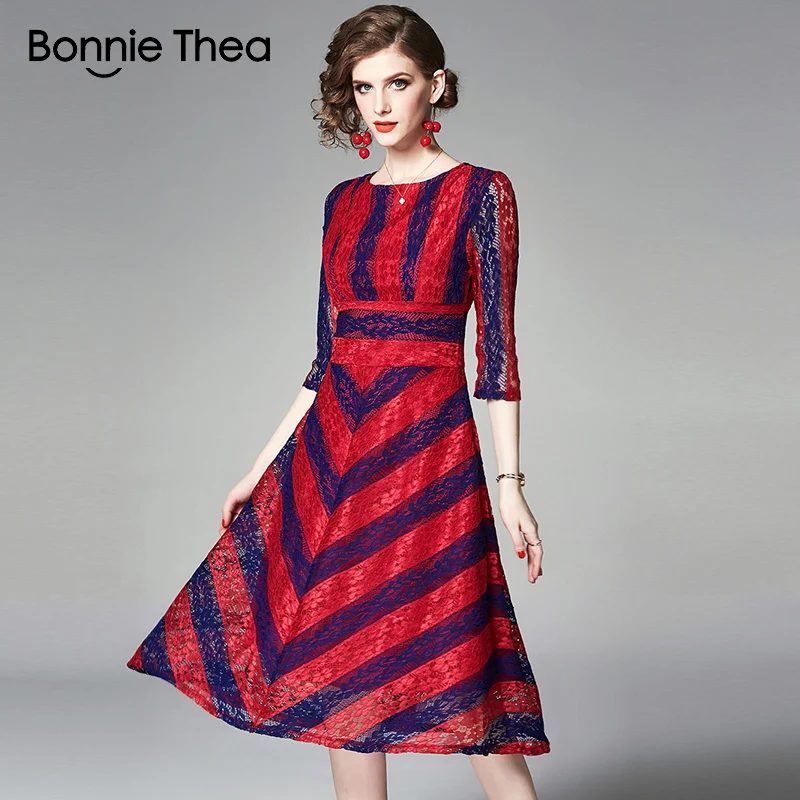 Bonnie Thea, женское осеннее кружевное платье, женское Полосатое вечернее платье, женское Элегантное Длинное ТРАПЕЦИЕВИДНОЕ ПЛАТЬЕ
