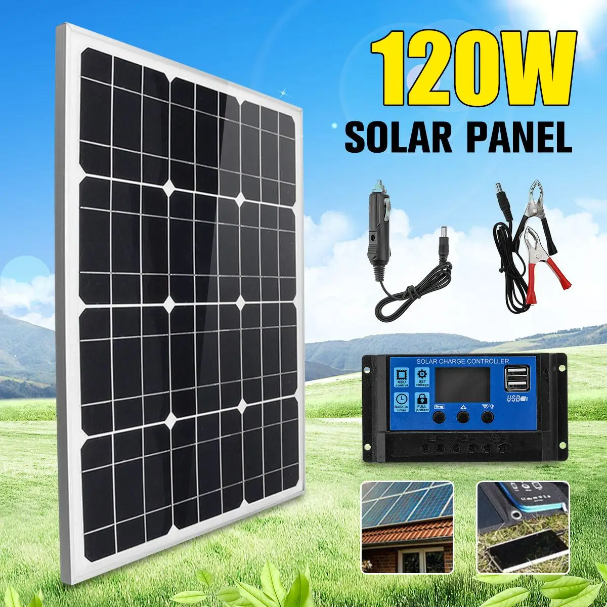 

120W Solar Panel 18V Dual USB Power Bank Board with Car Charger 10A Solar Panel Regulator Charger Controller for Outdoor Camping