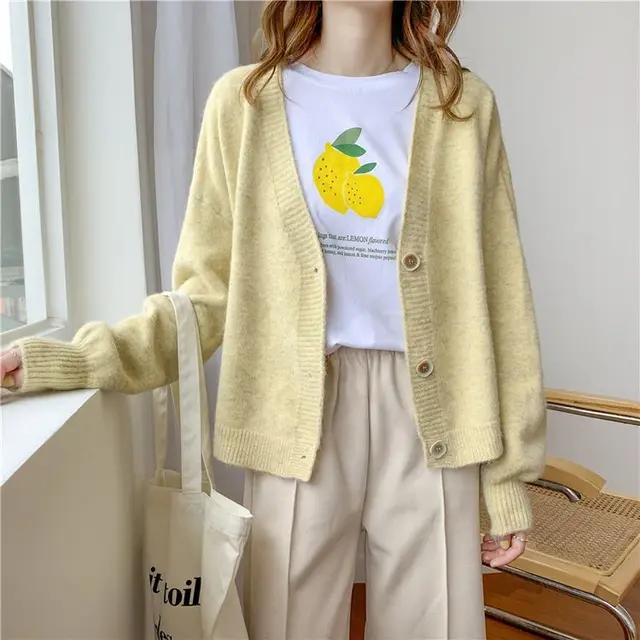 H.SA Women Sweater Cardigans Spring Solid Cashmere Sweater Coat Chic Korean style Casual Cardigans Roupa Jacket sueters mujer LM19313-B  Yellow