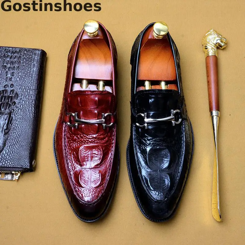 

Handmade Men Leather Shoes Cowhide Crocodile Printed Slip-on Metal Decorated Men Dress Shoes Luxury Formal Business Shoes Men