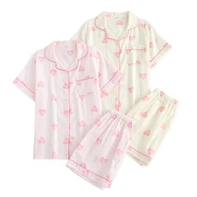 Летние короткие пижамные комплекты с сердечками, милые женские пижамы с короткими рукавами, хлопок, милые пижамы в Корейском стиле kawaii, короткие пижамы