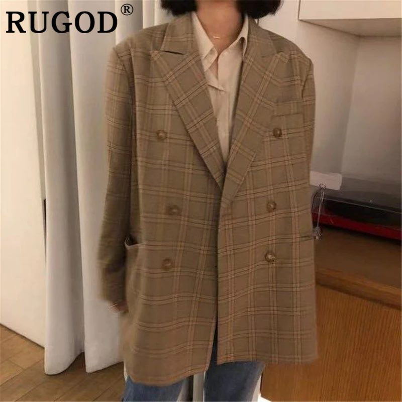 RUGOD корейский офисный Женский блейзер, куртка, модный клетчатый костюм с длинными рукавами, пальто, женская Повседневная двубортная женская одежда auturm