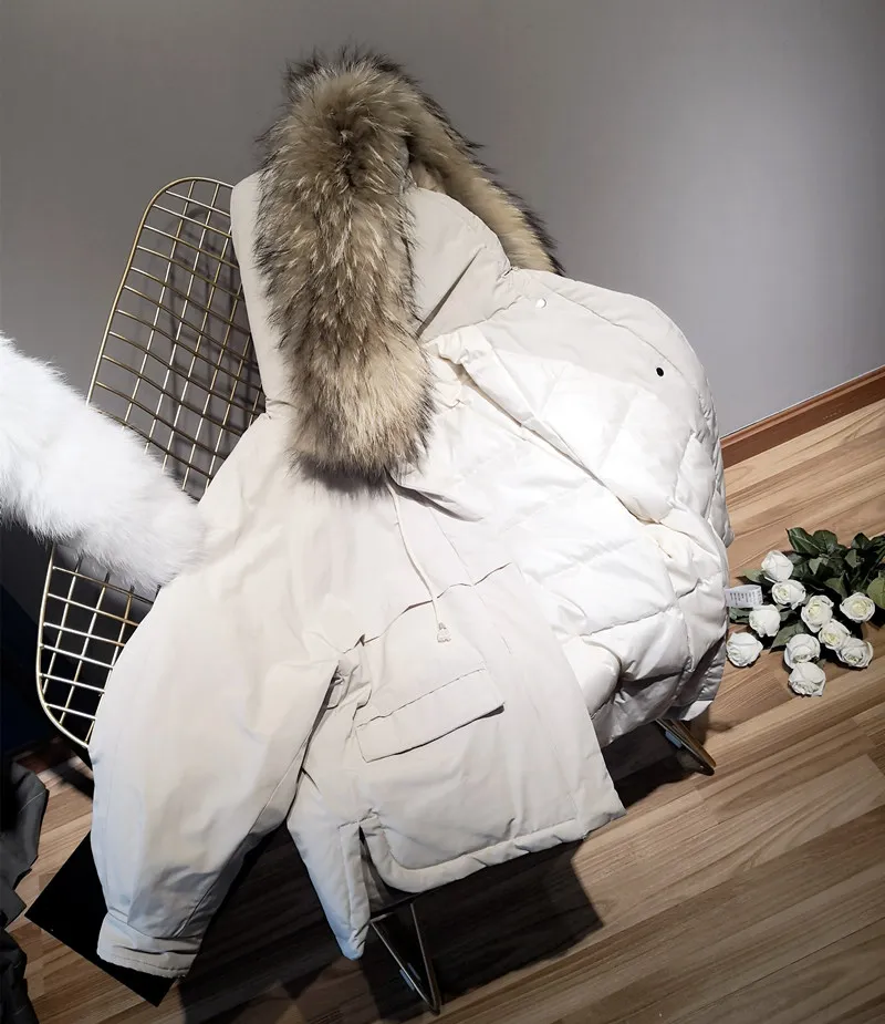 Корейская одежда зимняя куртка Женское пальто из натурального меха Меховой воротник Свободная короткая парка белая куртка-пуховик на утином пуху