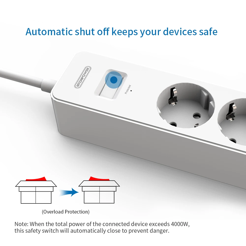 NTONPOWER Network Filter Smart Power Strip EU Plug 4000W Surge Protector For Home Office 2.5M cord Extension Socket