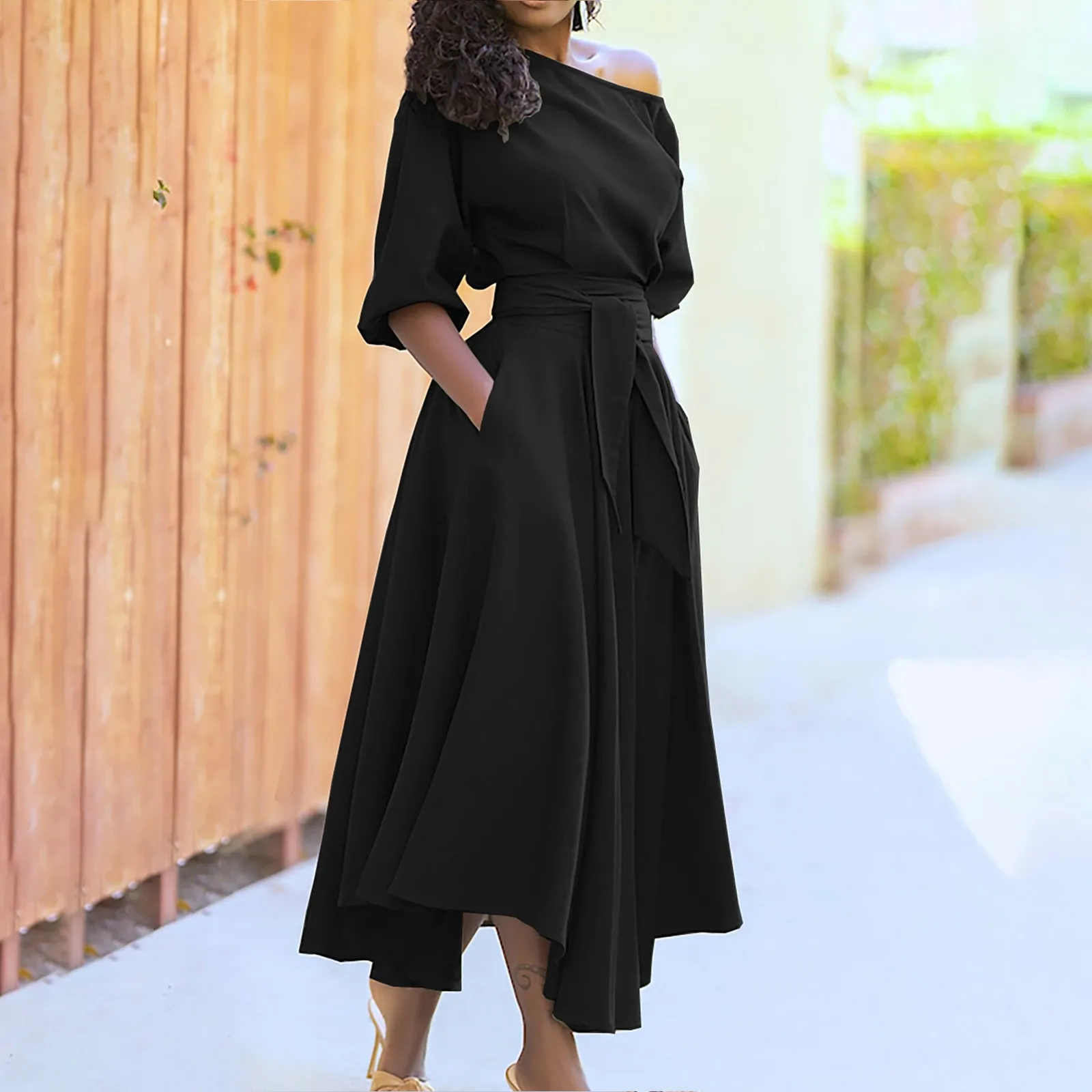Women's Ruffle Dresses Short Sleeve Slanted Shoulder Tie Casual Halter Strap Summer Fashion Loose Long Dress Dresses Vestido 2