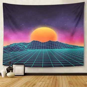 

Futuristic Retro Landscape of The 80`S Sun with Mountains in Style Digital Cyber Suitable 1980`S Tapestry Wall Hanging