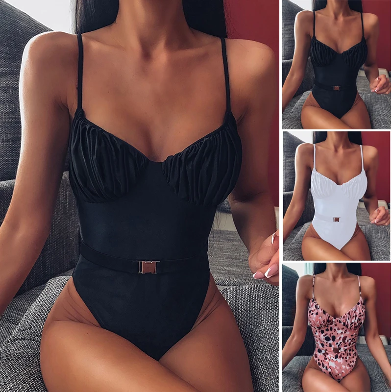 

Push Up Swimsuit One Piece Swimwear Women 2020 Solid Print Bathing Suits Backless Women's Swimsuits Fused High Cut Beachwear