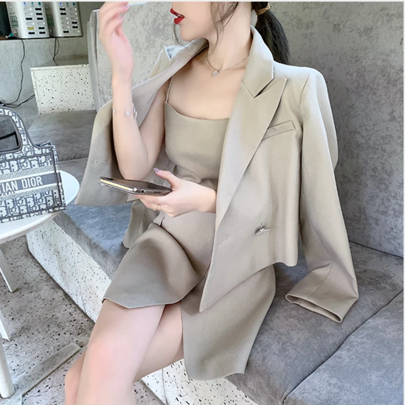 

Spring And Autumn Short Jacket Temperament Women Waist Strap Dress Two-Piece Suit