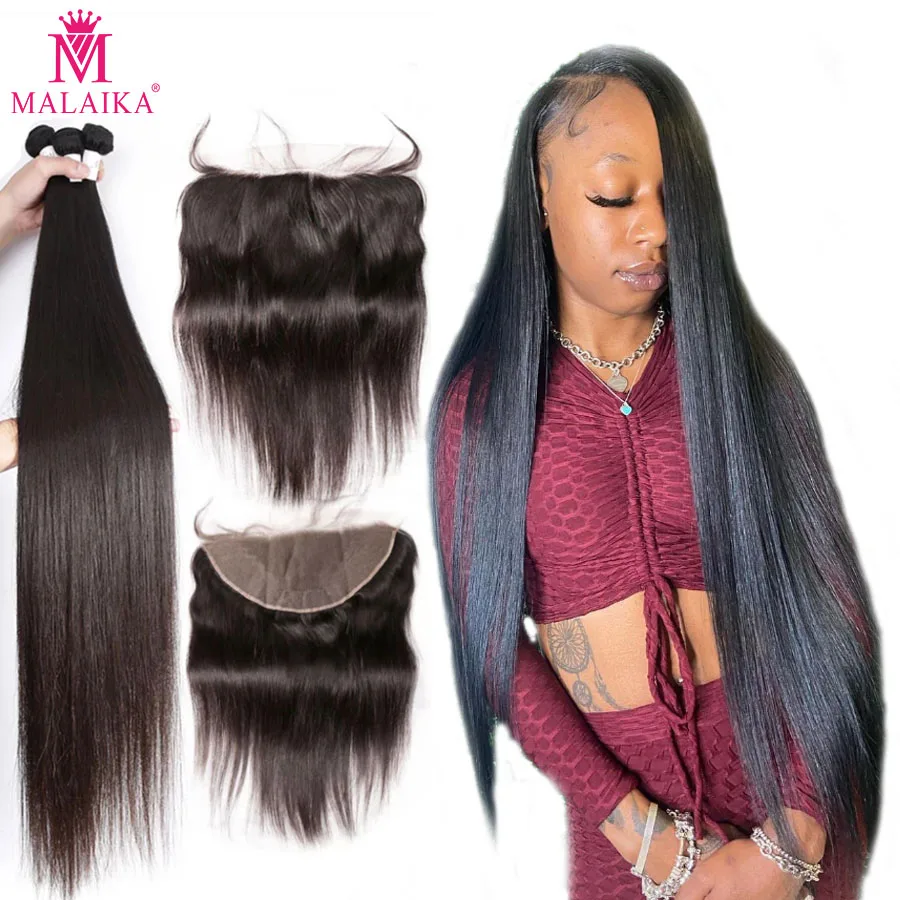 Humano em Linha Frontal do Laço do Cabelo com Pacotes Malaika Tecer Pacotes Encerramento Frontal Humano-cabelo 30 32 34 36 Cabelo Reta 13x4 Fechamento 1 Pacotes com 3/4 com fecho