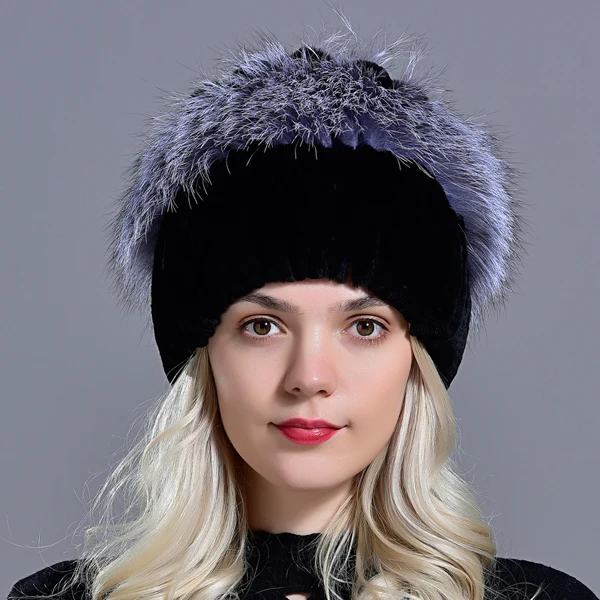 winter fur hats women's Beanies knitted warm floral natural rex rabbit fox fur fashionable stylish hand sewn snow hat - Цвет: RG-03