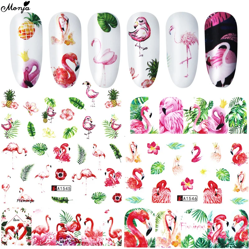 

Monja 12Pcs/Set Nail Art Sticker Green Leaf Flamingo Design DIY Nail Foil Water Transfer Decal Manicure Decoration Accessories