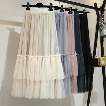 

SETWIGG Sweet Tiered A-line Long Boho Tulle Skirts Elastic Waist Layered Mesh Princess Calf Pleated Long Spring Skirts