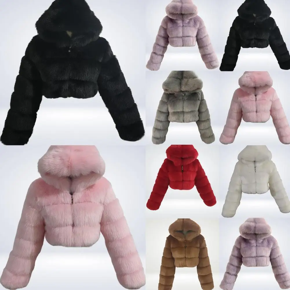 

Popular Faux Fur Coat Hooded Lady Autumn Coat Zipper Patchwork Short Jacket for Daily Wear Short Jacket
