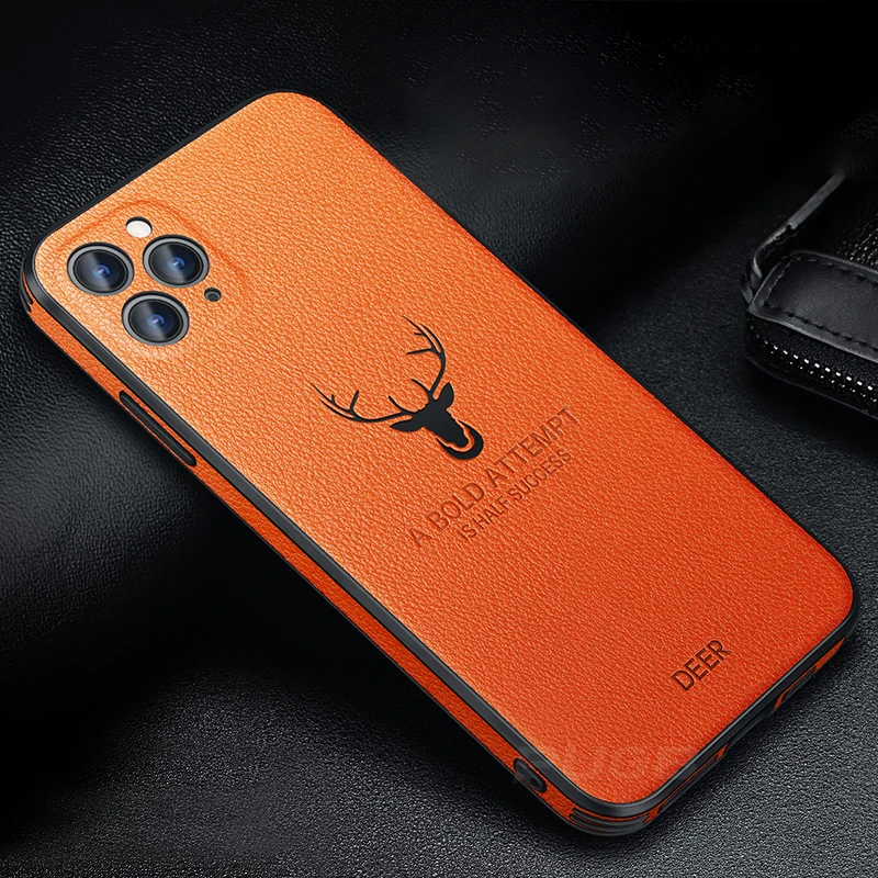 Luxury Leather Texture Square Frame Case On For Iphone 12 11 Pro Max Mini Iphone X XR XS Deer Camera Protection Shockproof Cover