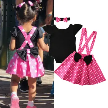 

Sweet Kids Baby Girl Clothes Sets Summer 3Pcs Black Romper+Polka Dot Strap Dress+Headband Children Baby Girls Outfits 0-4Y
