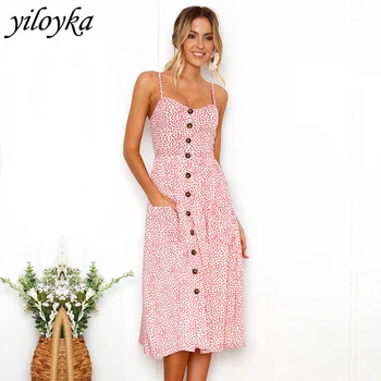 

Elegant button women dress pocket polka dots striped print cotton midi strap dress summer casual female plus size beach vestidos