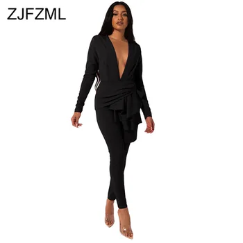 

Autumn Winter Causal Two Piece Outfits for Women V Neck Full Sleeve Cascading Ruffle Long Top and Bodycon Trousers Tracksuit