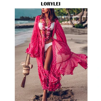 

2020 Sexy See Through Long Kimono Cardigan Red Bohemian Blouse Summer Beachwear Clothing Plus Size Women Shirts Top Female Q914