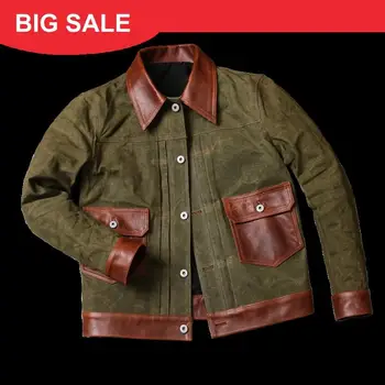 

2020 American Retro Green Men Casual Leather Jacket Large Size XXXL Genuine Cowhide Spring Slim Fit Splicing Leather Coat