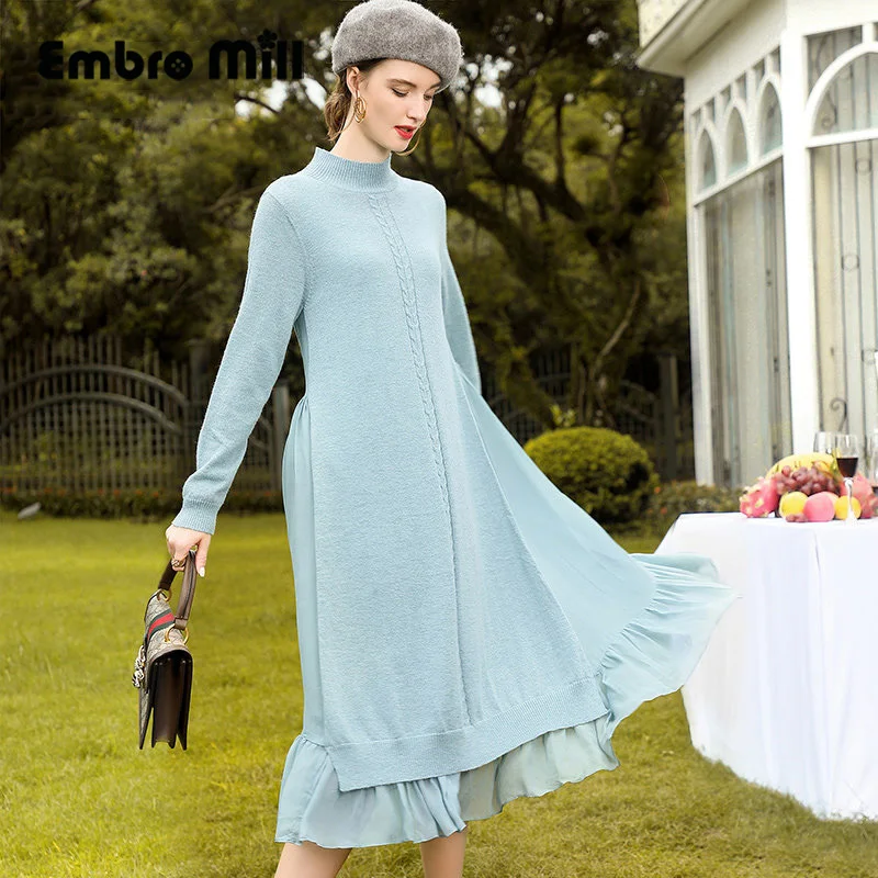 

Wool Splice Silk Street Style Sweater Dress Women's New Autumn Long Sleeve Mid-Length Loose Lady Dress S-XL