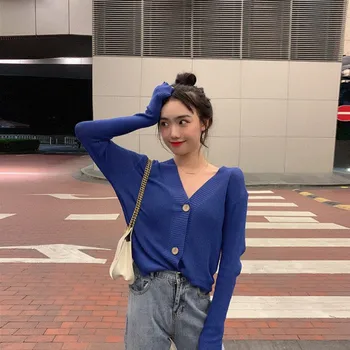 

Women Solid Color Knit Sweater Long Sleeve Casual Short Cardigan Female Warm Loose Sweater