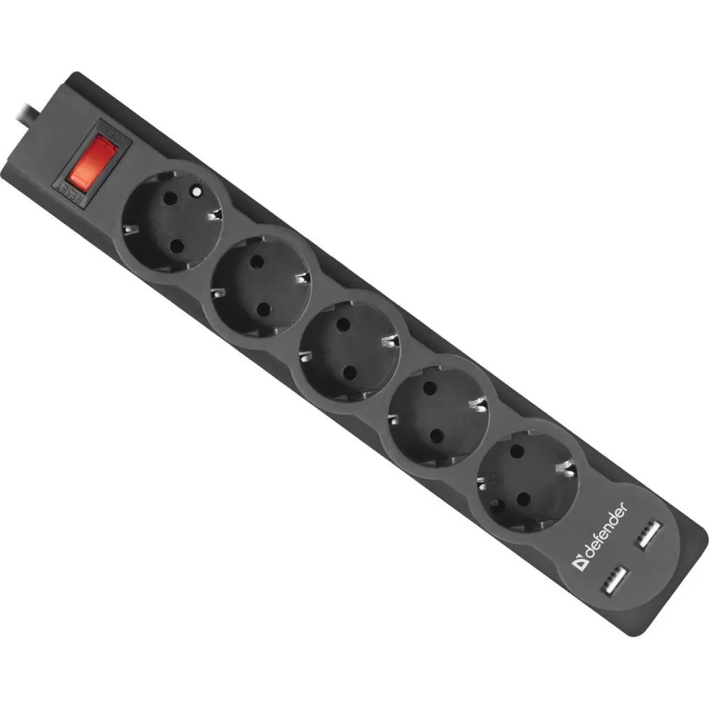 Сетевой фильтр Defender DFS 751 черный 1 8 м 5 розеток 2xUSB 2.1A | Электронные компоненты и